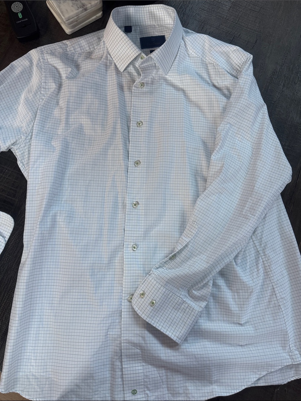 David Donahue White Dress Shirt with Light Blue Windowpane Check